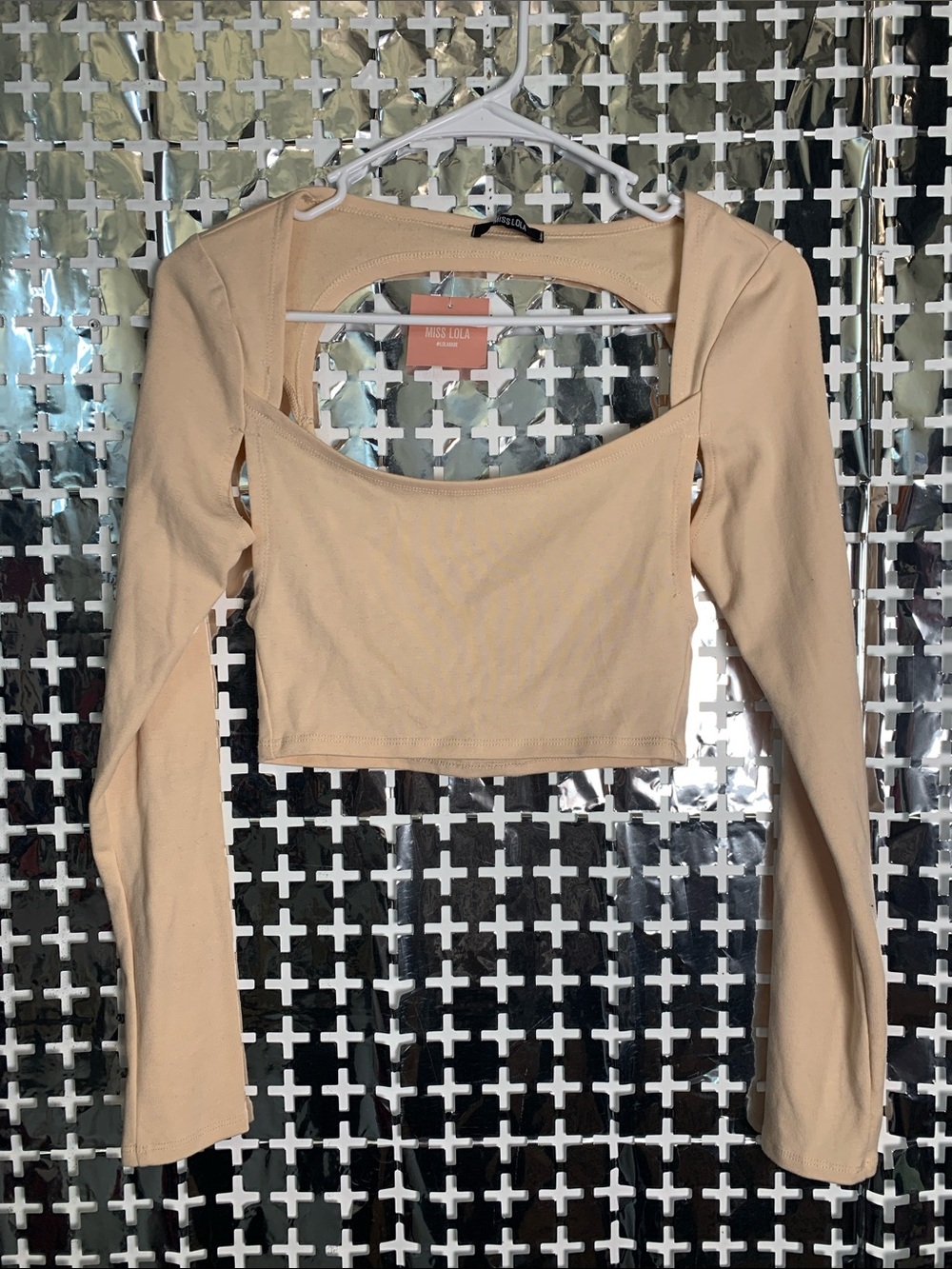 Miss Lola Neutral Beige Long-Sleeve Cutout Crop Top